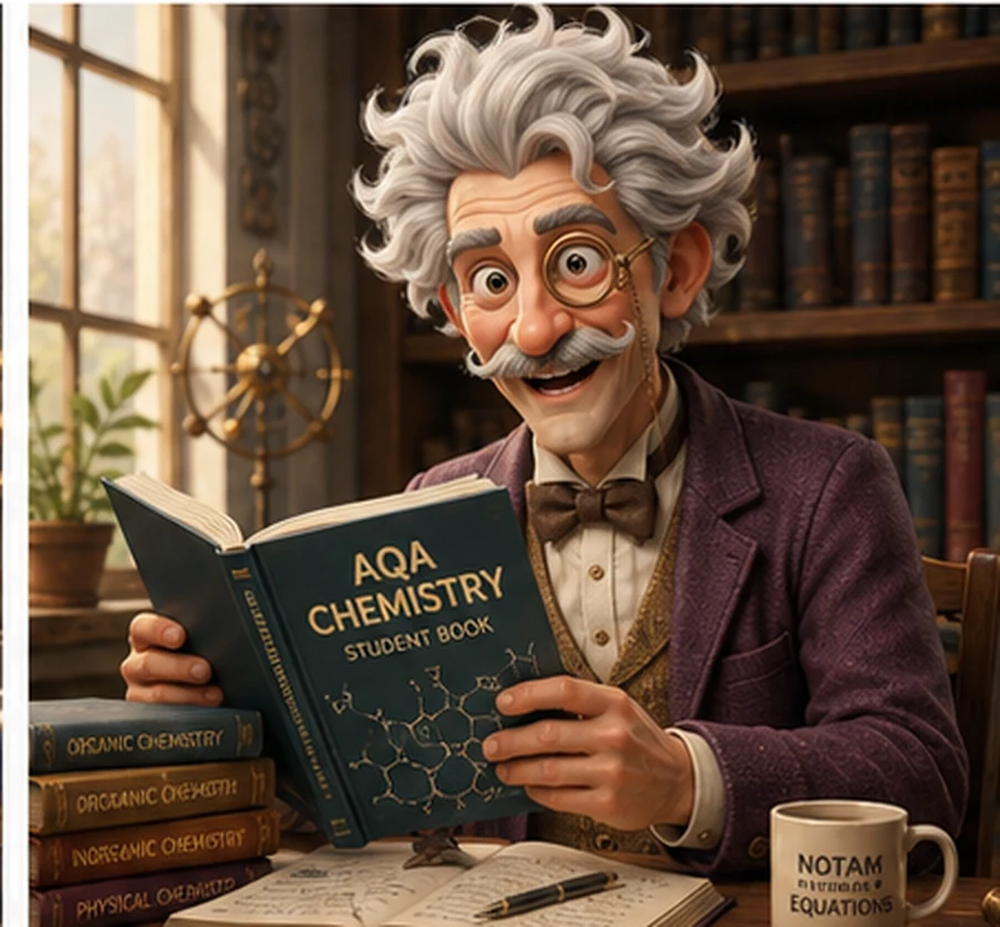The chemistry professor reading a chemistry textbook